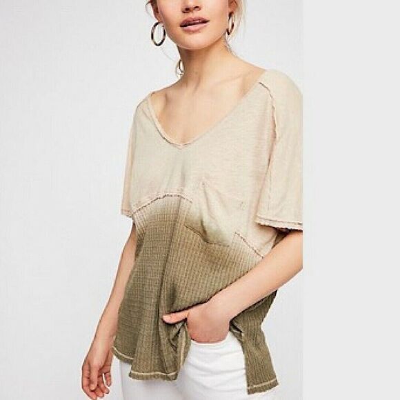 Free People Tops - Free People Sun Dial Linen Cotton Tee S Gray Tan Green Oversized Dip Dye Slouch